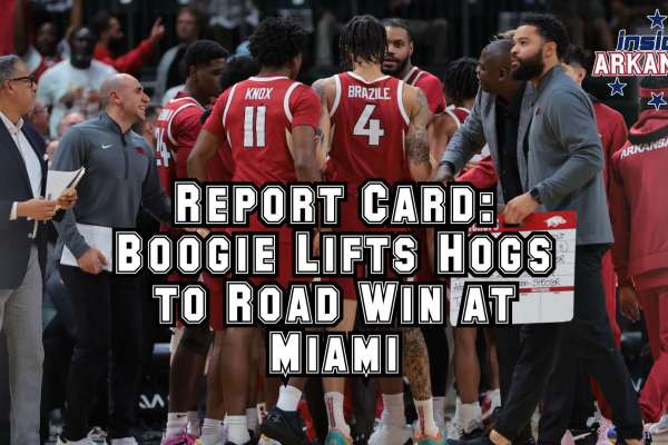 Arkansas Razorbacks team huddle at Miami